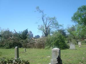 Tornado damage in Raleigh City Cemetery.